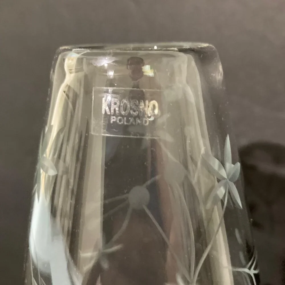 Krosno Poland Etched Glass Vase Minimalist Floral Pattern Polish Crystal